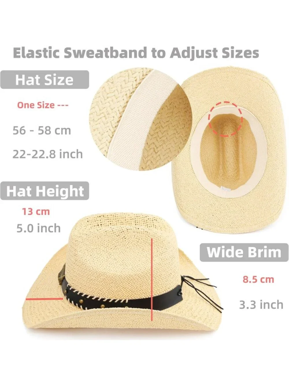 Men's Beige Straw Adjustable Wide Brim Sun Beach Western Cowgirl Cowboy Hat